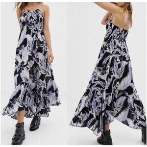 Intimately Free People Maxi Dress L Heat Wave Floral Tropical Smocked Blue Pink